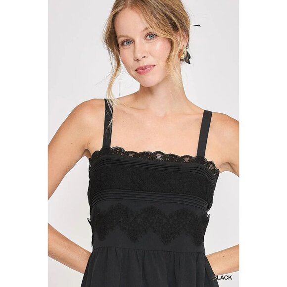 NWT Umgee Black Sleeveless Midi Dress W/ Lace Applique Size Small - Picture 2 of 6